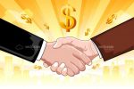 2 Illustrated Businessmen Shaking Hands Surrounded By Dollar Symbols
